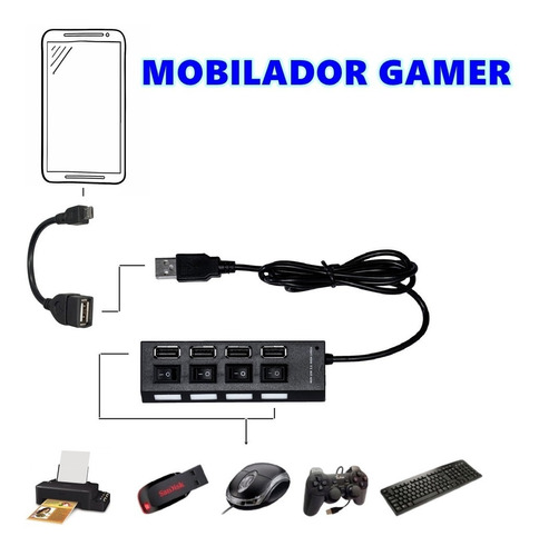 Hub 4 Portas + Otg V8 Adaptador Celular Computador Teclado +