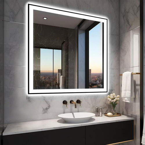 Espelho Quadrado Jateado Com Led 90x90 Luxo Lapidado Moldura Neutro