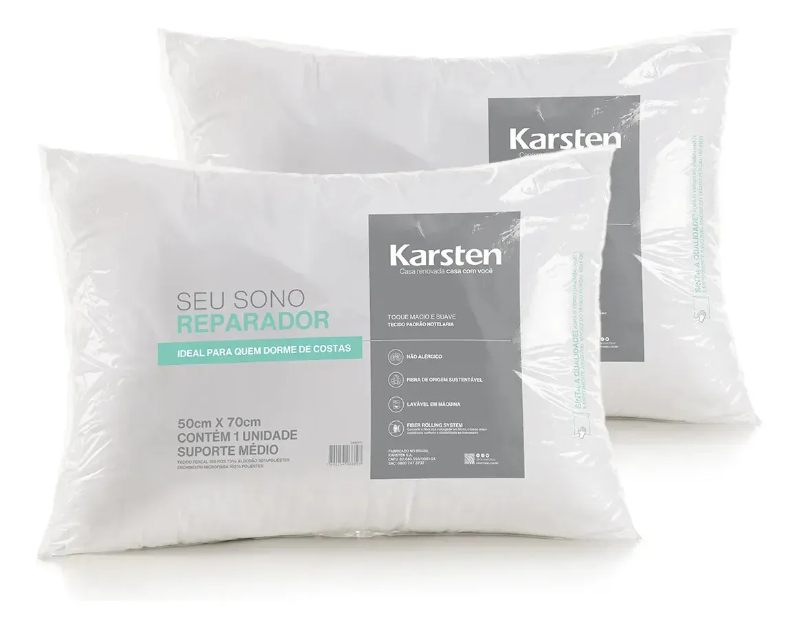 Kit 2 Travessseiro Karsten Essenciais Suporte Médio 180 Fios Branco