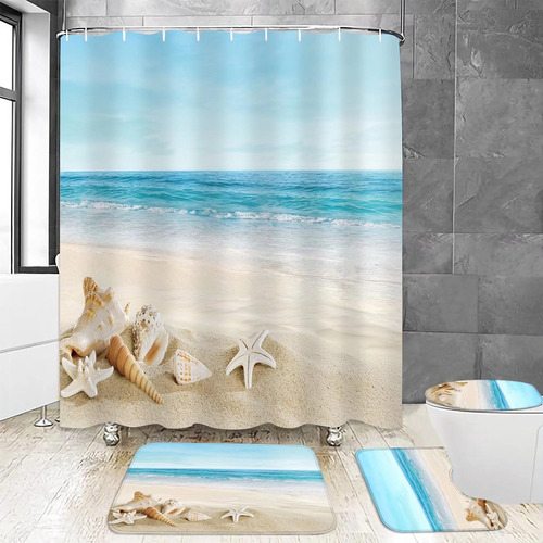 4pcs Summer Beach Shower Curtain Sets Sea Ocean Bathroom Set