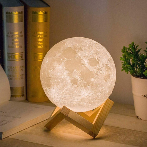Imagen 2 de 7 de Lámpara Luna Velador Luz Led Fría Y Cálida Táctil Usb 18 Cm