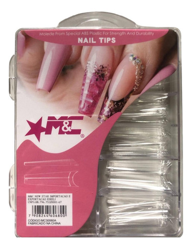 Kit 100 Unhas Tips Bailarina Extra Longa Transparente