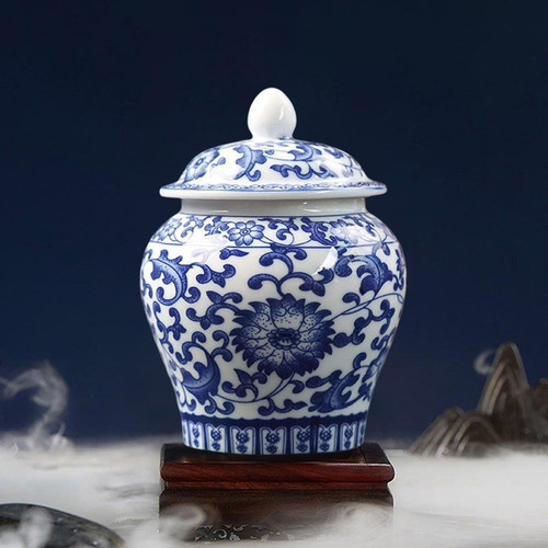 Jarra Templo De Porcelana Chinesa Azul E Branca Com Tampa