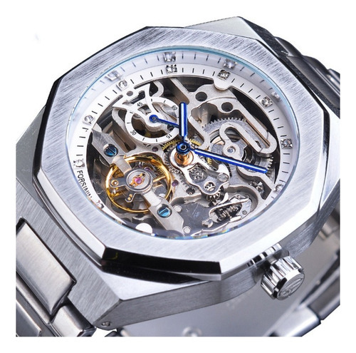 Relojes Forsining Skeleton Diamond Tourbillon Para Hombre Color De La Correa Silver White