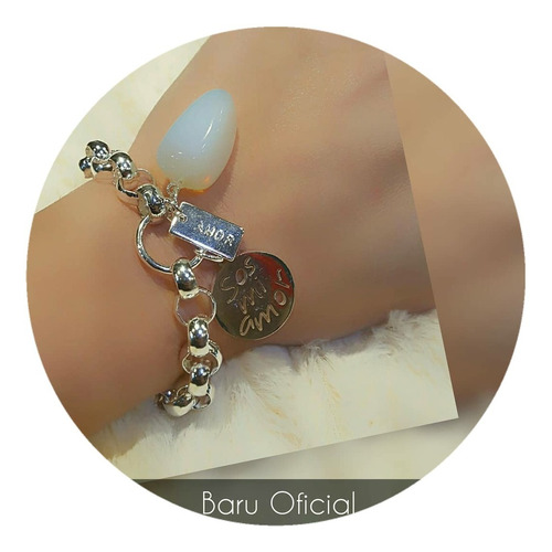 Pulsera Acero Blanco Con Piedra De Cuarzo Y Dije Sos Mi Amor