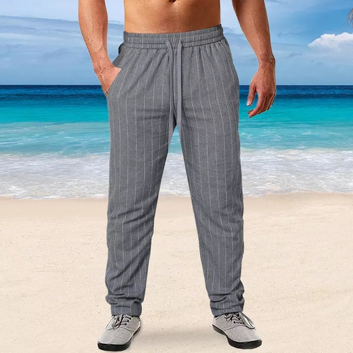 Pantalones Casuales Linoalgodón A Rayas Para Hombre Cordón