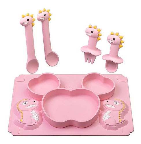 Imagen 2 de 3 de Set Plato De Silicona Dinosaurio Para Bebé Niños + Cubiertos
