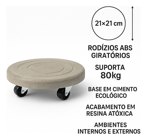 Base Colorida 21cm Em Cimento P/ Vaso C/ Rodinhas Abs 80kg Cimento Natural Circulos