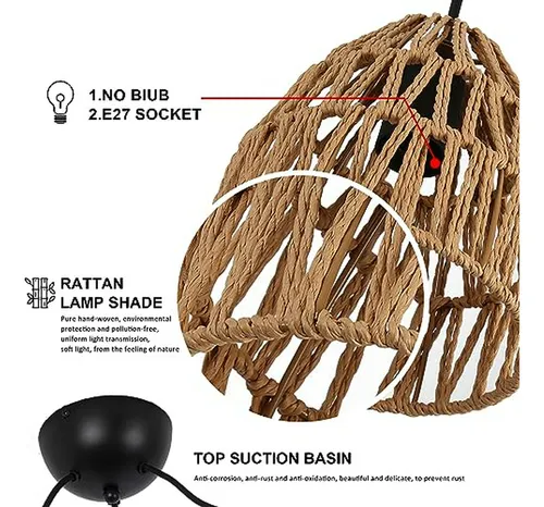 Lámpara Colgante De Bambú 3 Luces, Ratan Tejido, Estilo Rúst