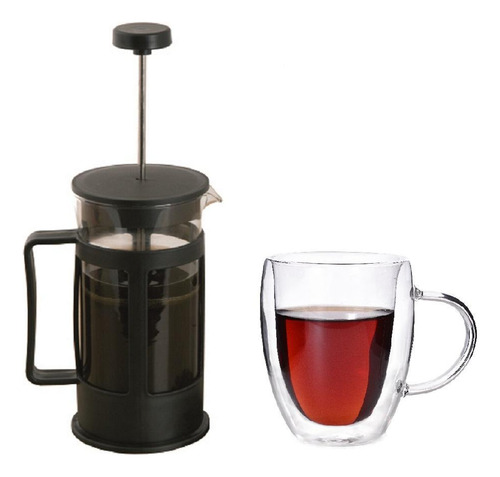 Kit Cafeteira Francesa 600ml + Caneca Vidro Duplo 350ml