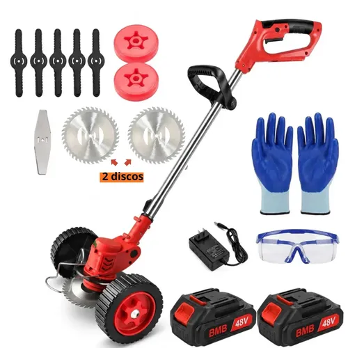 Roçadeira Elétrica Cortador de Grama 48V Bivolt com 2 Baterias Portátil Sem Fio com Rod