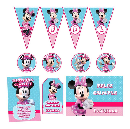 Kit Minnie Rosa Impreso Cumple Banderín Invitaciones Sticker