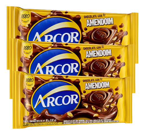 Kit 3 Chocolate Com Amendoim Arcor Barra 80g