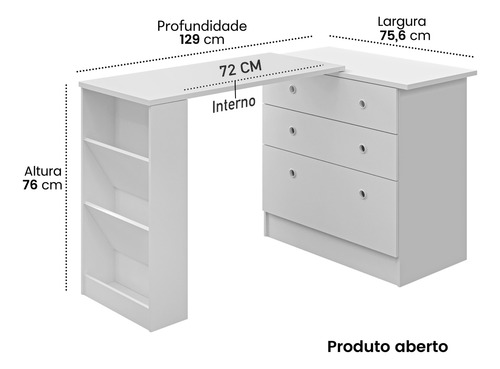 Escrivaninha Mesa Giratória Com 3 Gavetas Para Home Office Escritório Estudo Computador Prateleiras