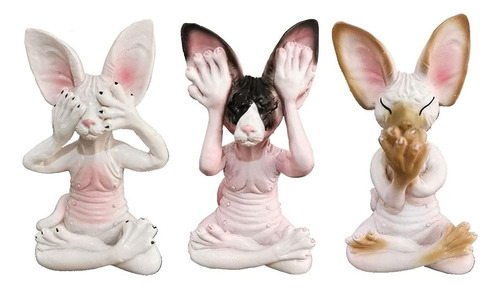 Juego De 3 Estatuas Sabias De Gato Sphynx See Hear Speak No