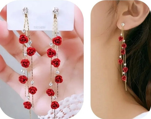 Hermosos Aretes Largos De Rosas Flores Fashion Moda