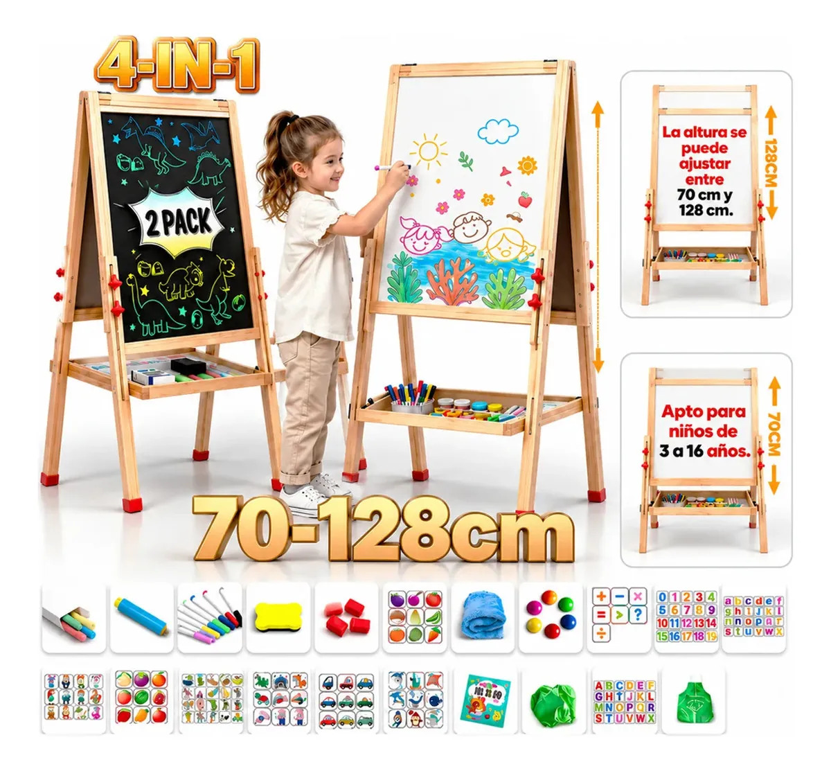 Pizarron Magnetico Caballetes Infantiles Niños Arte Juguete Pizarra magnética y caballete infantil, de doble cara, altura regulable de 70 a 128 cm, apta para niños de 3 a 16 años, 