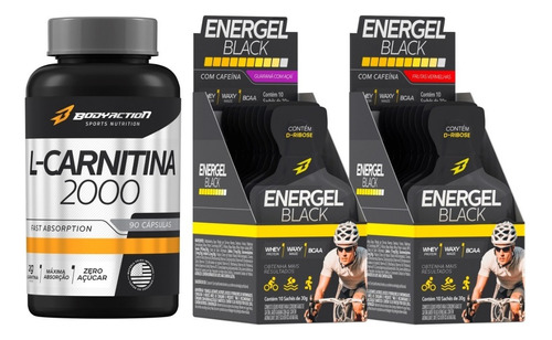 Kit 2x Gel Energel Black 20 Sachês + L Carnitina 2000 90caps Sabor Guarana Acai+futas Vermelhas