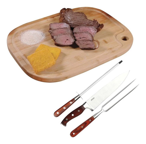 Kit Churrasco Faca Garfo E Chaira Mor + Tabua De Carne Oval