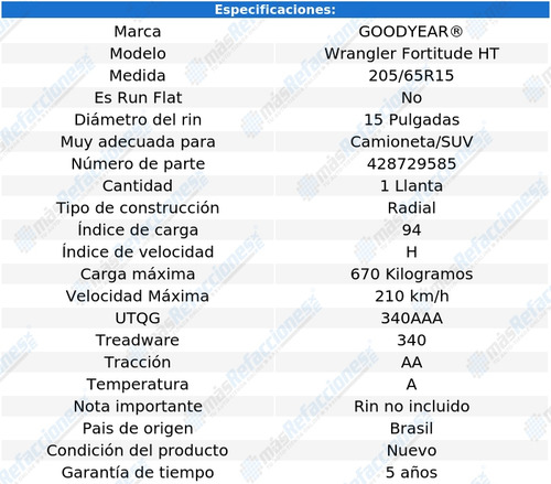 Llanta 205/65r15 Goodyear Wrangler Fortitude Ht 94h