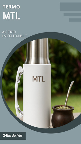 Termo Mtl 1 Litro Acero Inoxidable Pico Cebador Mate System Color Blanco Tapa Vaso Térmico Reforzado Alta Resistencia Líquidos Calientes Fríos