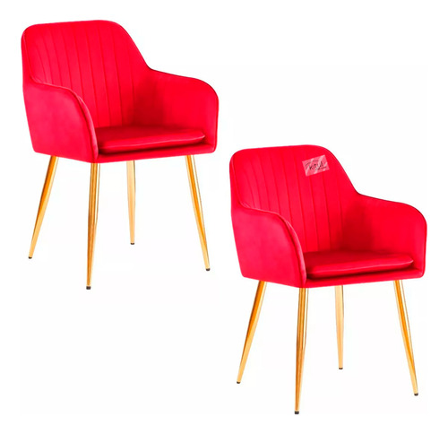 Set 2 Sillas Tapizadas Acolchadas Patas Doradas Terciopelo Color De La Estructura De La Silla Dorado Color Del Asiento Rojo Diseño De La Tela Lineas Acolchadas