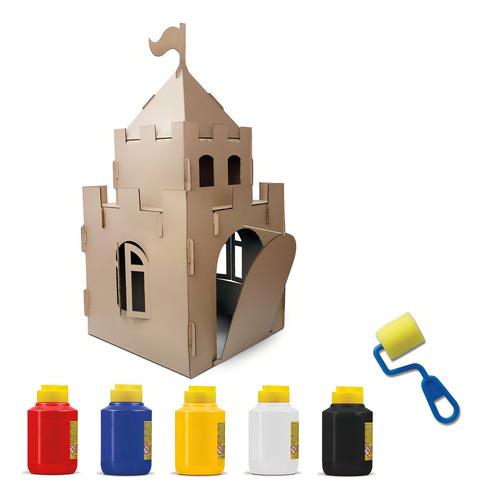 Castillo de cartón con kit de pintura y rodillo