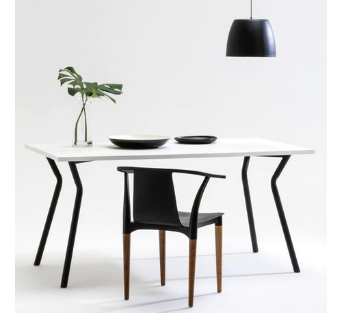 Mesa Comedor Magnolia 90x160 Cocina Madera Patas Metálicas Tapa Blanco Patas Negro