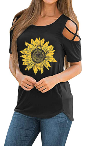 Camiseta Suelta Para Mujer Estampado Girasol Hombro Frio