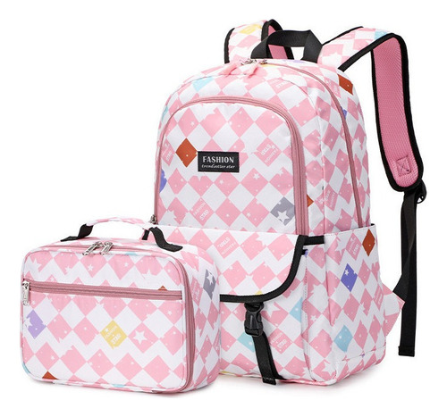 Mochila de dos piezas, mochila escolar a cuadros impermeable rosa