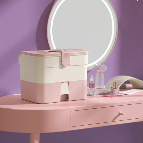 Caja Grande De Almacenamiento De Cosméticos Rosa Con Asa