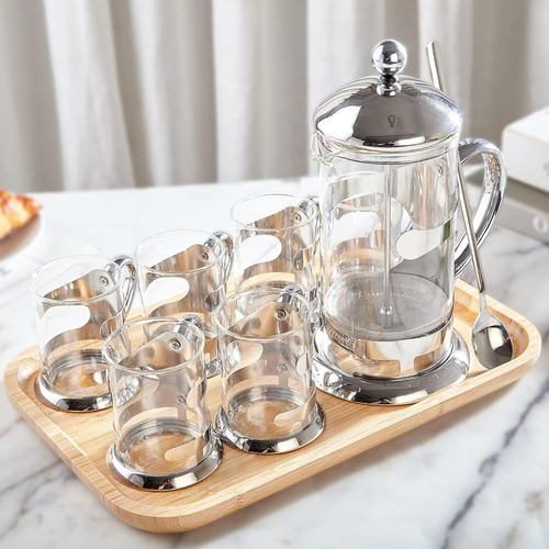 Juego De Prensa Francesa Dujust Silver Con 6 Tazas Y 1 Band