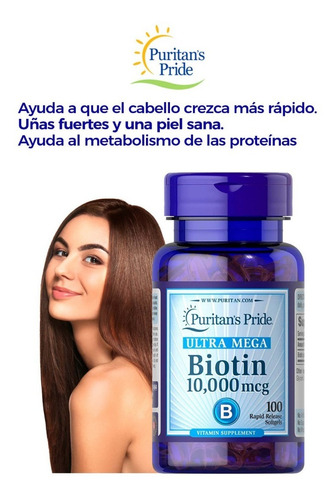 Biotina Capsulas 10000 Mgc Puritans Pride Cabello Uñas Piel Sabor Sin sabor