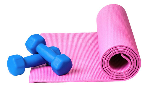 Yoga Matt 4 Mm + Par Pesas 1 Kg  Pvc Kit Gimnasio Gym Color Azul