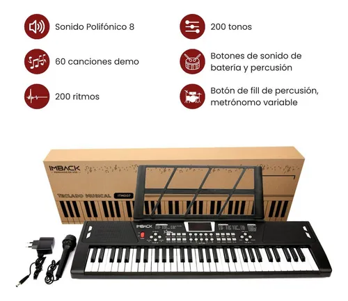 Organo Teclado Musical 61 Teclas Microfono 200 Tonos Ritmos IMBACK ITM008 Color Negro