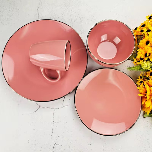 Vajilla Elegante Negro Mate Para 4 Personas 16 Piezas Color Rosa Lisa
