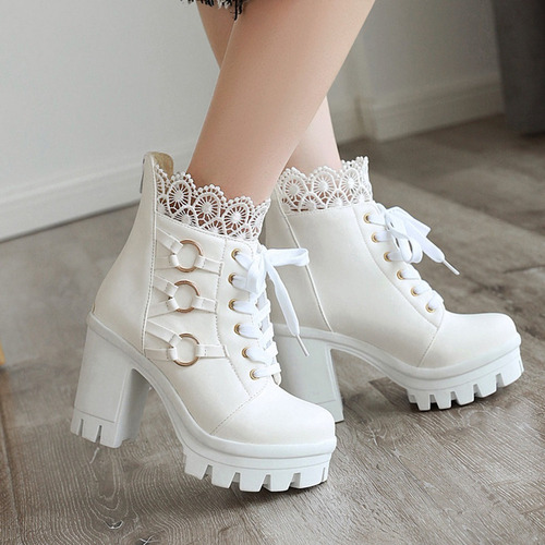 R Boot C1092 Moda Invierno Encaje Color Puro Tacón Alto Muje