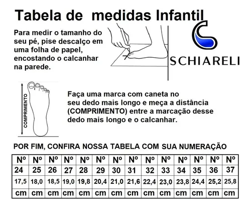 Tabela de medidas store infantil calçados