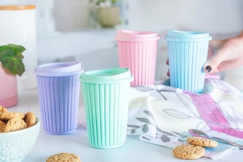 Vaso Termico Plastico Estilo Starbucks Rallado Pastel