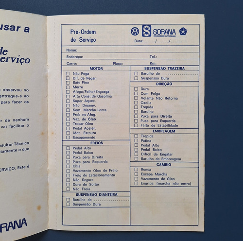 Pré Ordem De Serviço Vw Sorana Em Branco Anos 70 Ou 80. (Usado)