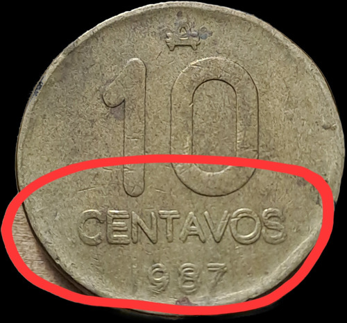 Moneda 10 Ctvs Austral 1987 Con Error, Fecha Y Año Doble. 