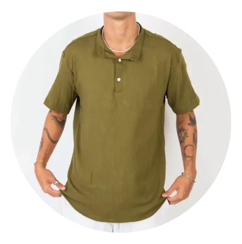 Camisola Cuello Mao Mangas Cortas Lino Hombre Verde