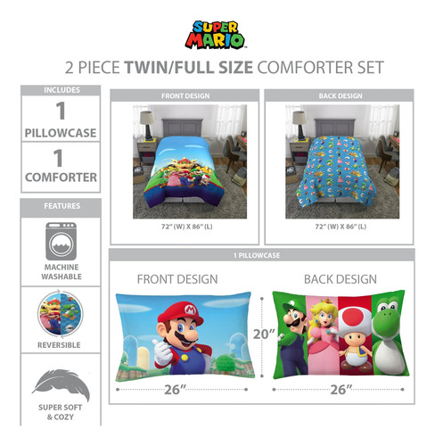 Juego Cama Mario Bros 6pz Matrimonial Edredon 2vistas Sabana Azul Mario Bros