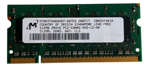 Memoria Micron 2 X 512 Mg Total 1gb Ddr2 667 Mhz (Usado)