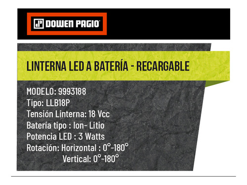 Imagen 7 de 10 de Linterna Led18 V Dowen Pagio 9993188 Sin La Bateria