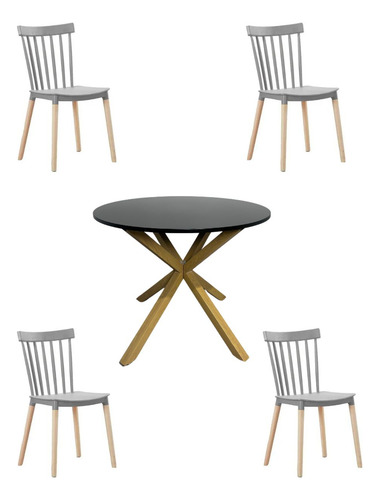 Comedor Mesa Cross Cubierta Madera Negra + 4 Sillas Windsor