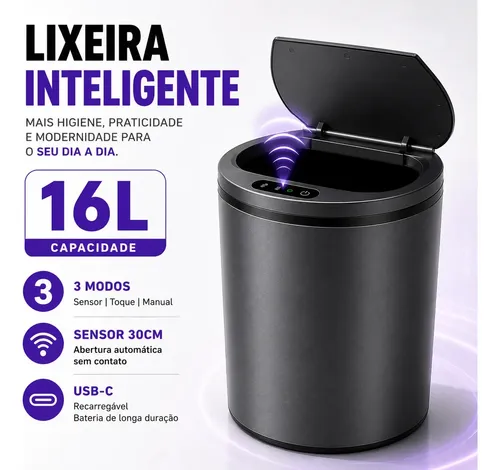 Lixeira Automática Redonda Cinza Escuro com Sensor Infravermelho e USB Recarregável, 16L para Casa/Escritório
