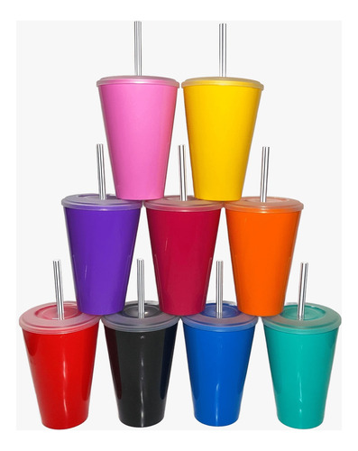 25 Vasos Con Tapa Y Sorbete 420 Ml Colores Rigido Souvenir