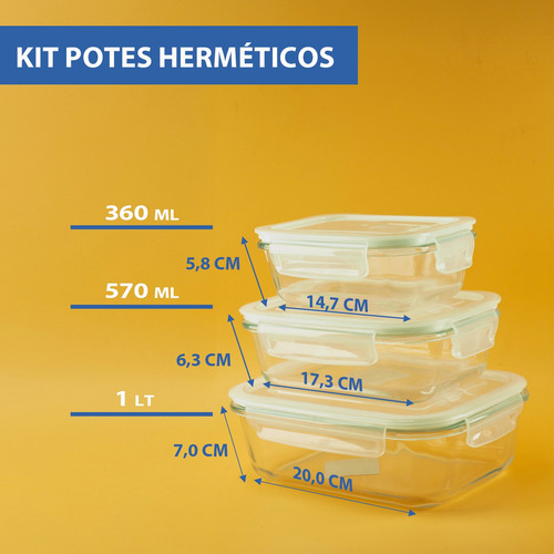 Jogo 3 Potes De Vidro Hermético Tampa Kit Marmita Cozinha Cor Branco
