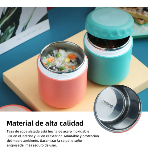 Doremama 2pz Termo De Acero Inoxidable Exterior Portátil + 4 Cucharas, Acero Inoxidable Con Botella Aislada Para Alimentos Calientes Rosa Y Verde